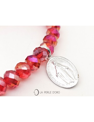 Médaille religieuse, Vierge Miraculeuse sur Cristal de Bohème rouge coquelicot, bracelet 8mm rondelles, Collection Santa Cruz