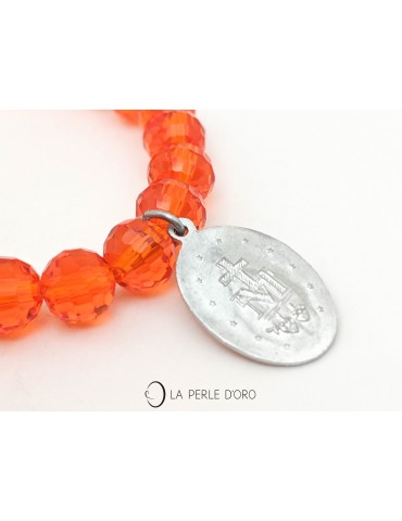 Médaille religieuse, Vierge Miraculeuse sur Cristal de Bohème orange, bracelet 8mm rondes, Collection Santa Cruz