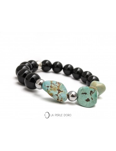 Turquoise naturelle sur Onyx 10mm, Bracelet Collection Homme et Femme