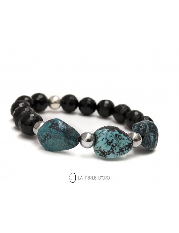 Turquoise naturelle sur Agate noire 10mm facettée, Bracelet en pierres semi-précieuses
