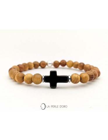 Croix en Onyx sur bois de santal 6mm, bracelet Collection Exotiks