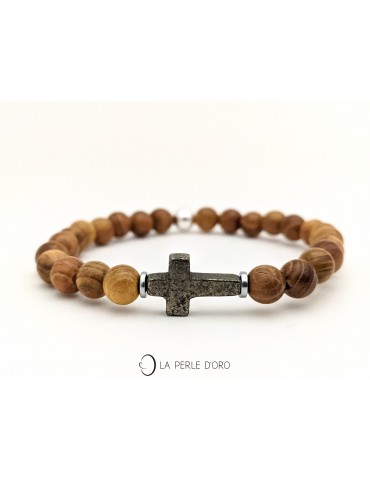Croix en Pyrite sur bois de santal 6mm, bracelet Collection Messager Exotik