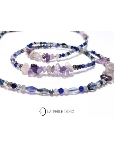 Amethyst on blue jean Bohemian crystal, Long necklace Artist in unique creation n°20097
