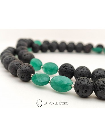 Jade tinted on Lava 10mm, Necklace in unique creation n°20027