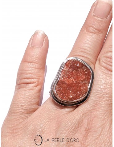 Crystallized pink apophyllite (India), 925 silver ring