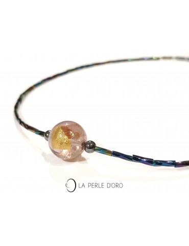 Pink and gold Murano glass on Miyuki, necklace Artiste, unique creation n°20151